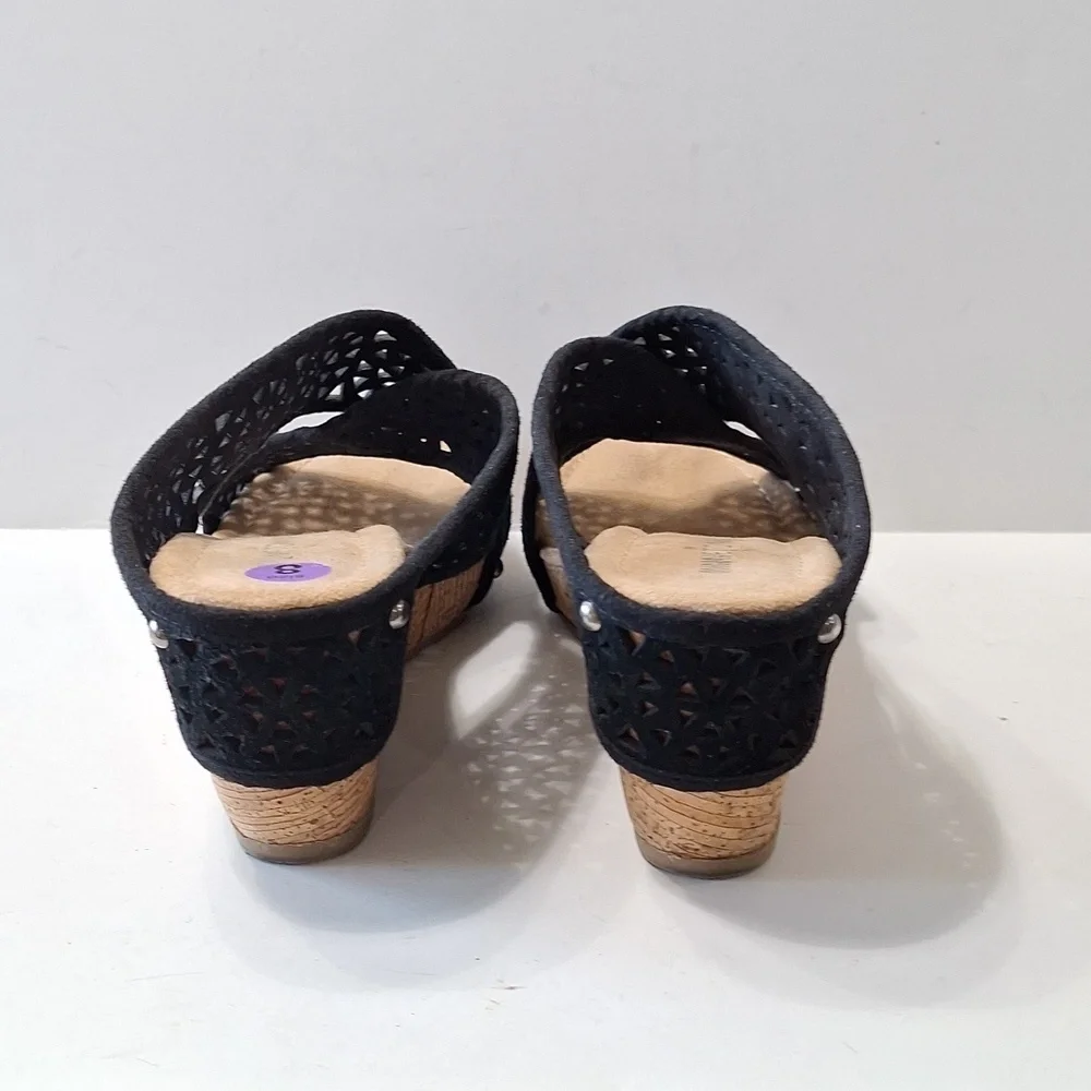 Minnetonka Black Tan Bohemian Lainey Boho Cut Out Suede Wedge Sandals Size 8